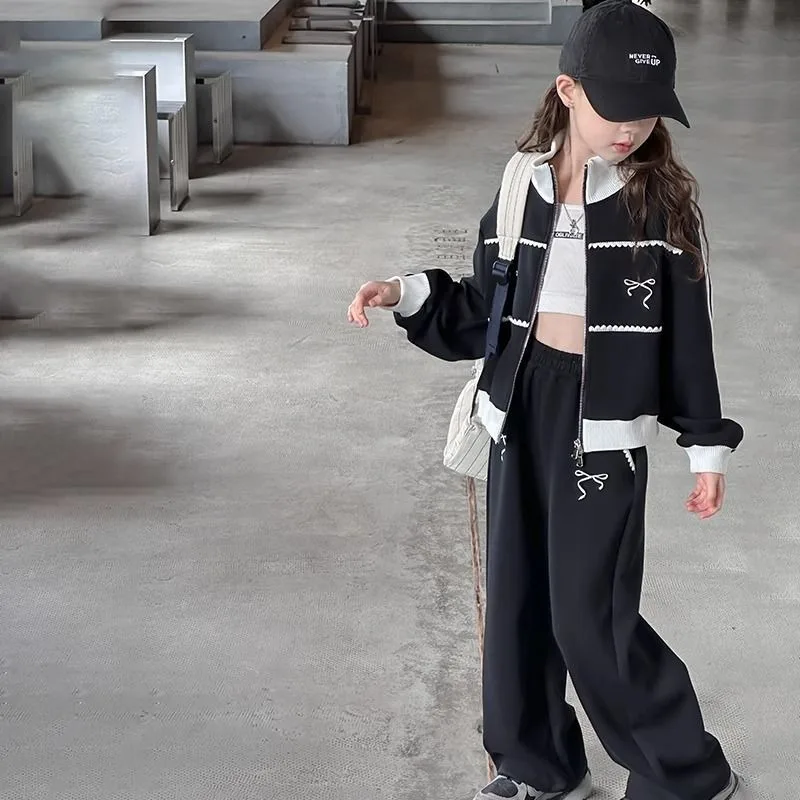 UNITIM Herbst Kinder Mädchen 2-teiliges Kleidungsset Schleifendruck 4-14 Jahre Kinder Mädchen Reißverschluss-Mäntel Anzüge Lose Junior Mädchen Hosen Outfits – Detail 3