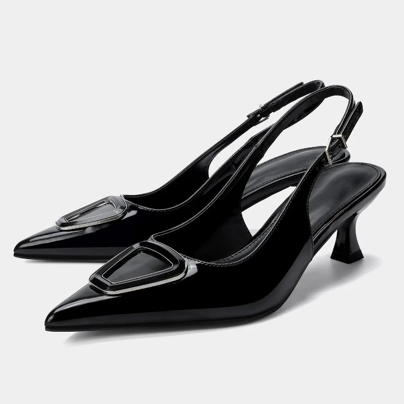 

Metal Buckle Decoration Elegant Heeled Sandals for Women Sexy Pointed Toe Backless Designer High Heels Luxury Party Dress Pumps