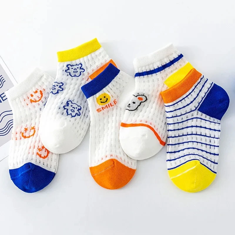 5Pairs Children's Socks Girls' Mesh Breathable Stripe Spring/summer Thin Socks Boys' Sweat Absorbing Air Conditioning Boat Socks