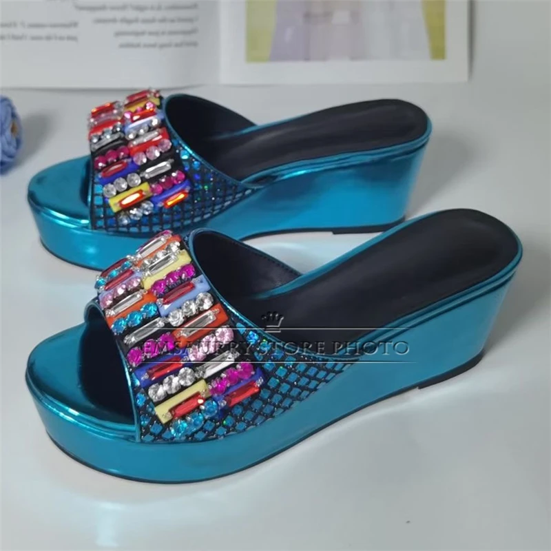 Colorful Rhinestone Diamond Decor Women Sandals High Platform Wedges Luxury Patent Leather Slingbacks Summer Mules