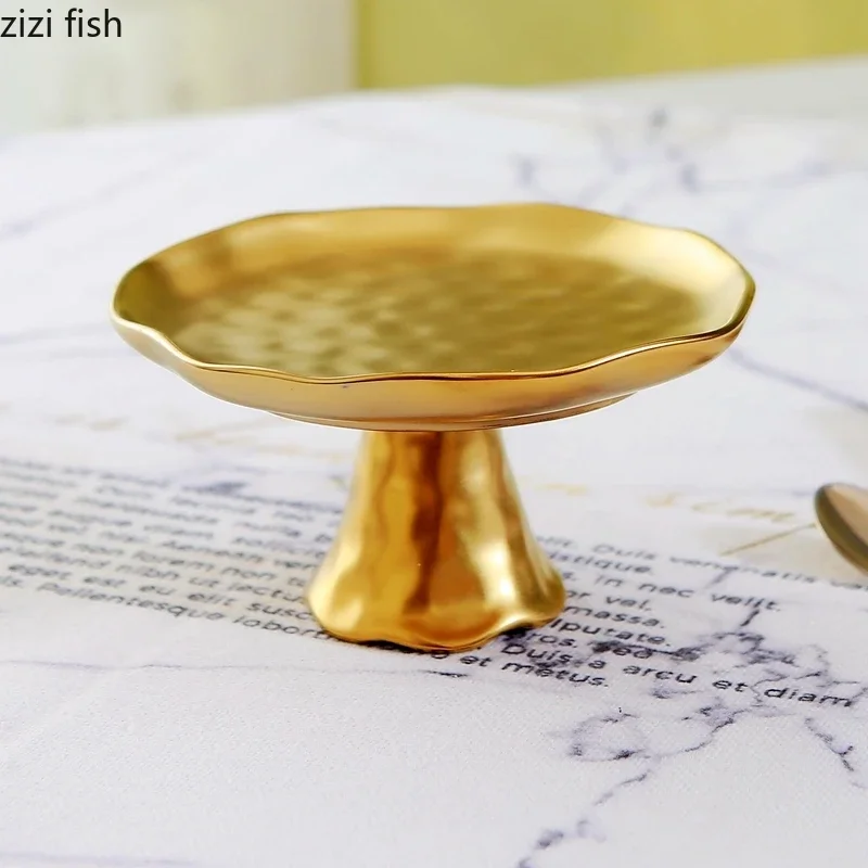 Golden High Footed Fruit Plate Ceramic Decorative Plate Snack Tray Refreshment Tray Dessert Bowl Cake Stand Pastry Plates Dish