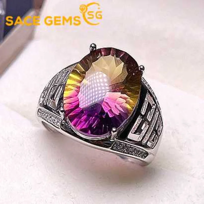 

SACE GEMS Fashion Resizable 12*16MM Natual Ametrine Rings for Man 925 Sterling Silver Wedding Party Fine Jewelry Festival Gift