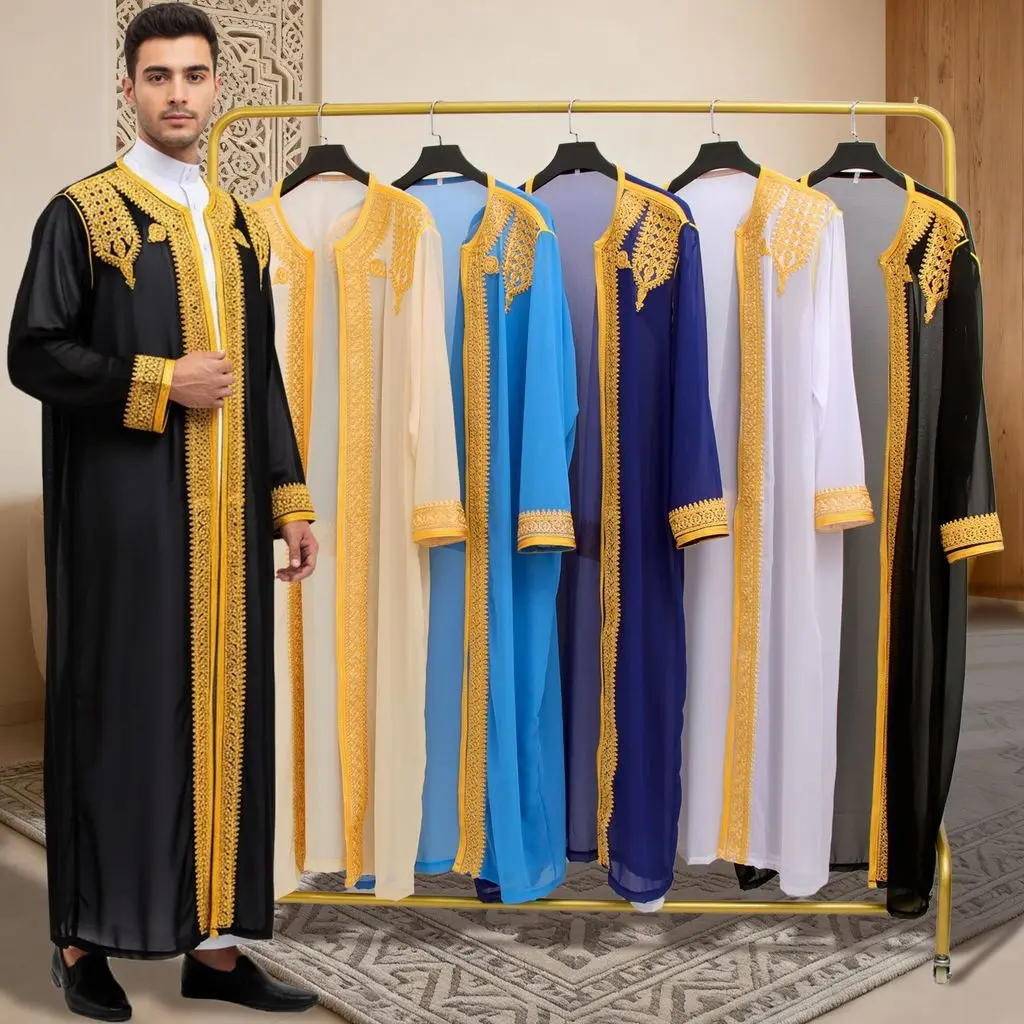 2026 Arabian Traditional Men's Robe Thobe Luxury Golden Embroidered Dress Middle Eastern Ethnic Style Long Costume