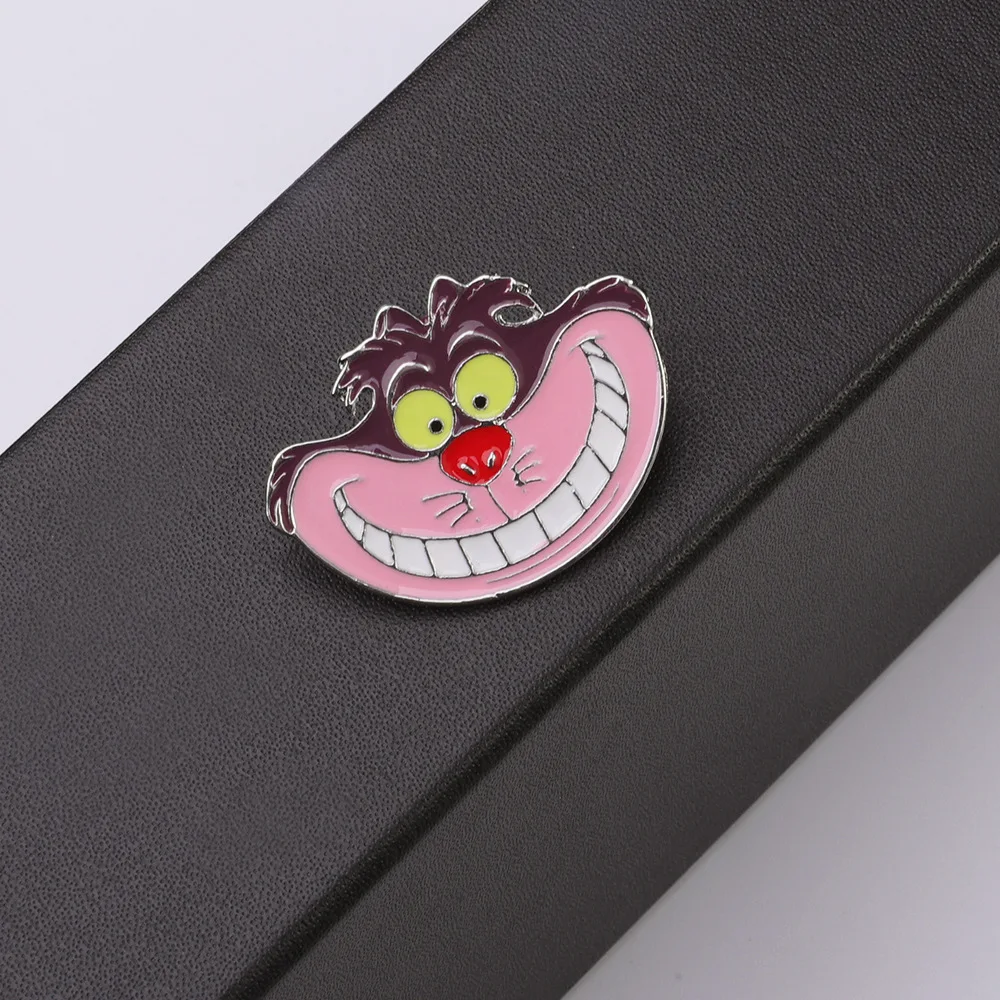 Cartoon Animal Brooch Pins Anime Movie Theme Cheshire Cat Shape Enamel Alloy Lapel Pin Jewelry Gift For Kids Friends Accessories