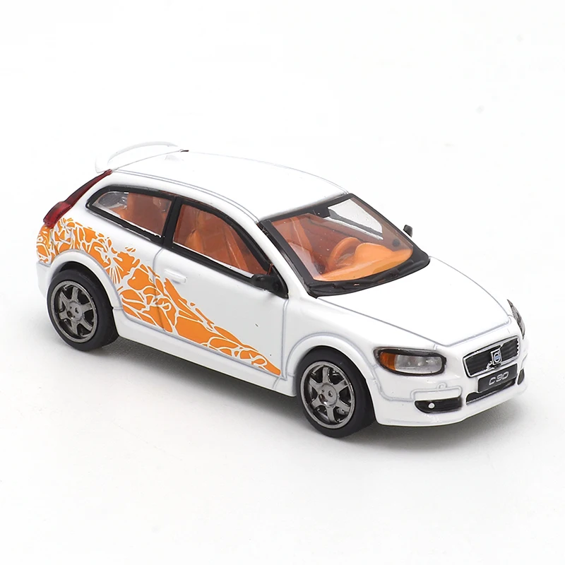 DCT 1:64 Volvo C30- White (Orange Flower) Alloy Car Model Simulation, Small-scale Car Model,  Decoration, Car Mounted