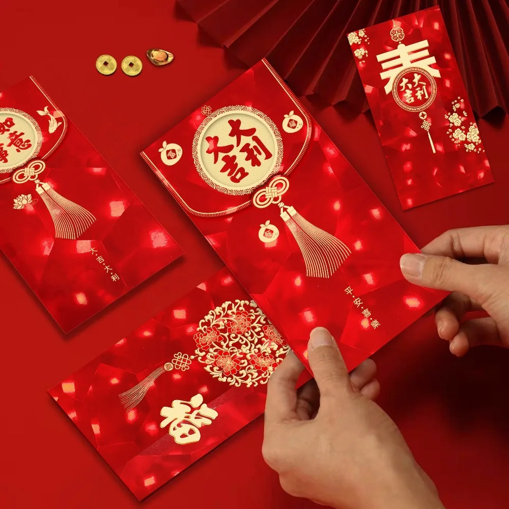 Cartoon 3D Lentefestival Rode Envelop Hot Stamping Zegeningen Afdrukken Rood Pakket Rechthoekig Gemengd Patroon HongBao Kids