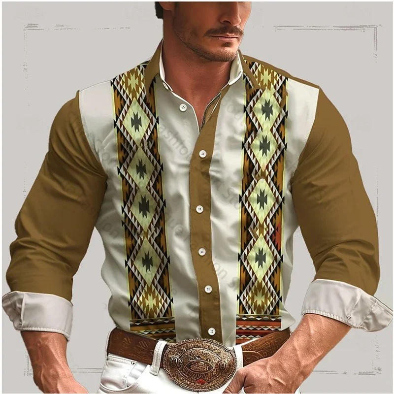 Geometric Retro Western Men'S Shirt Outdoor Street Casual Daily Spring And Summer Lapel Long Sleeve S-5XL Stretch Fabric Shirt