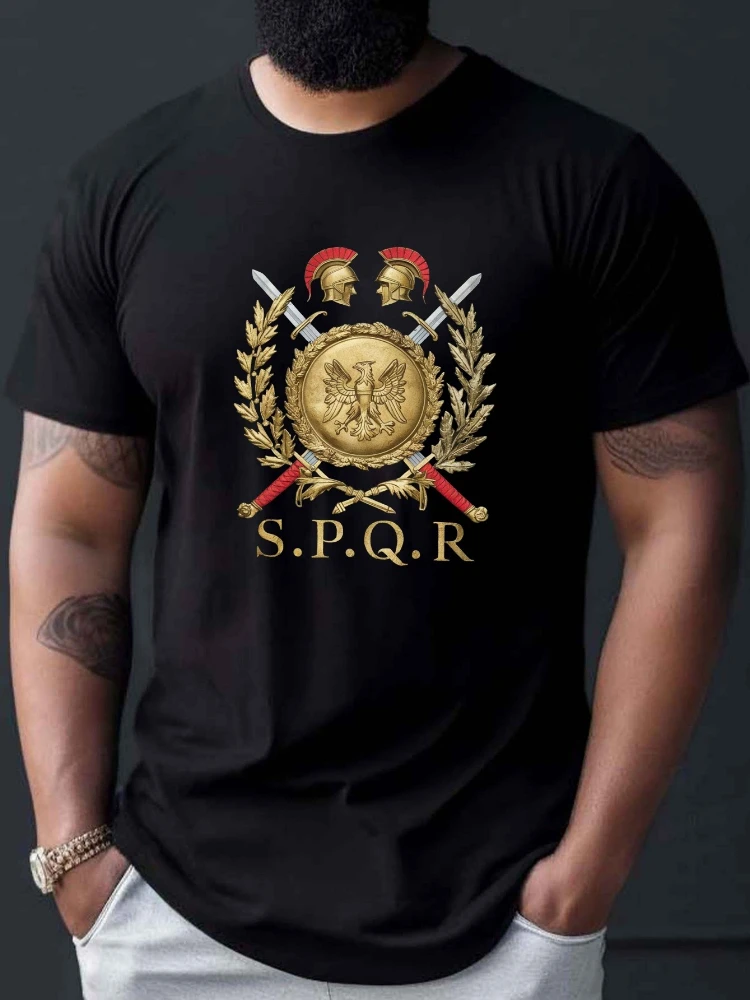 

Men's Royal Blue SPQR T-shirt-gold Roman shield and sword pattern, casual cotton short-sleeved summer T-shirt.