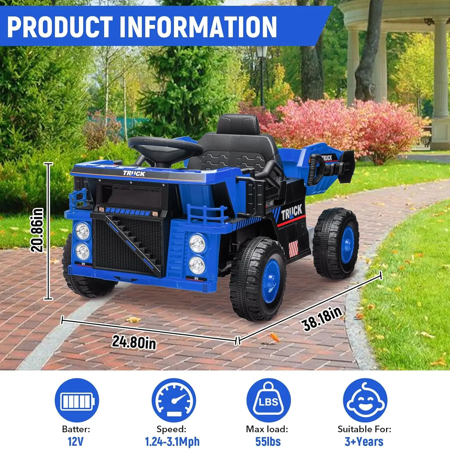 Camión volquete de 12V para niños, vehículo de construcción eléctrico con Control remoto, pala de cama volquete, reproductor de música, velocidad ajustable