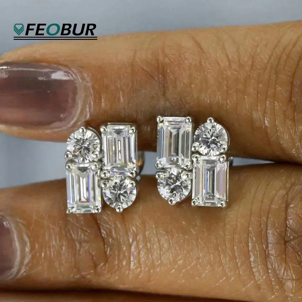 

2.4CT Round & Emerald Cut Moissanite Stud Earrings for Women 925 Sterling Silver Brilliant Lab Diamond Ear Studs Wedding Jewelry