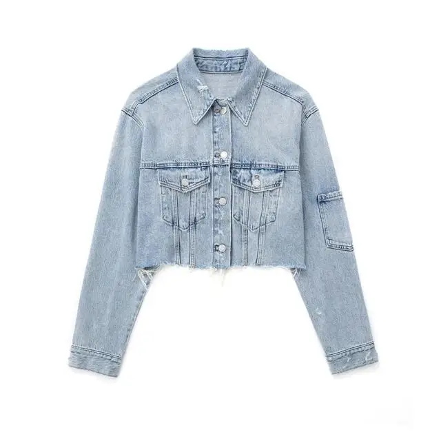 

Vintage Casual Crop Outwear Female Single Breasted Pocket Coat 2024 Spring Women Worn-out Burr Short Denim Jacket Lapel