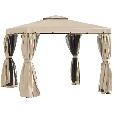 Aluminum Frame Double Roof Outdoor Gazebo Canopy Shelter with Netting &amp; Curtains, for Garden, Lawn, Backyard and Deck, Khaki