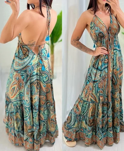 Imagen 1 del producto Vestidos elegantes sexis para mujer, vestido Maxi con estampado Tribal y cuello en V y tirantes finos, vestido informal sin espalda fluido con una línea, moda de verano 2025