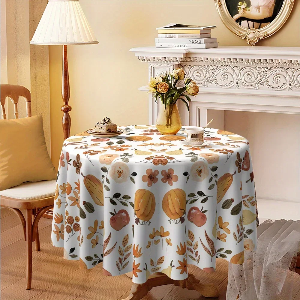 JIT, 1pc Autumn Harvest Thanksgiving Classic Pumpkin Leaf Pattern Kitchen/Dining Room Round Tableclothxzj