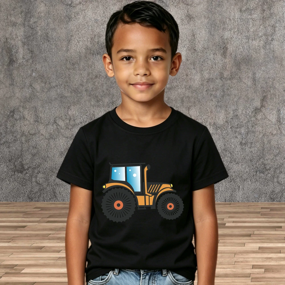 Round Neck Boys Cartoon Tractor Graphic T-shirt Pure Cotton Summer Tops Children Shirts