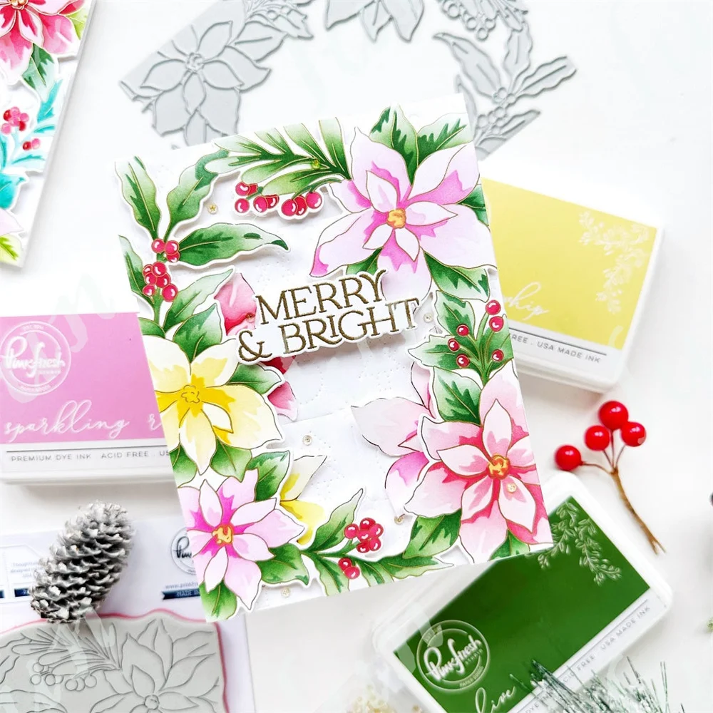 New 2024 Dies Poinsettia Frame Cutting Dies Christmas Holiday Hot Foil Plates Embossing Scrapbook Layered Stencils Stamps