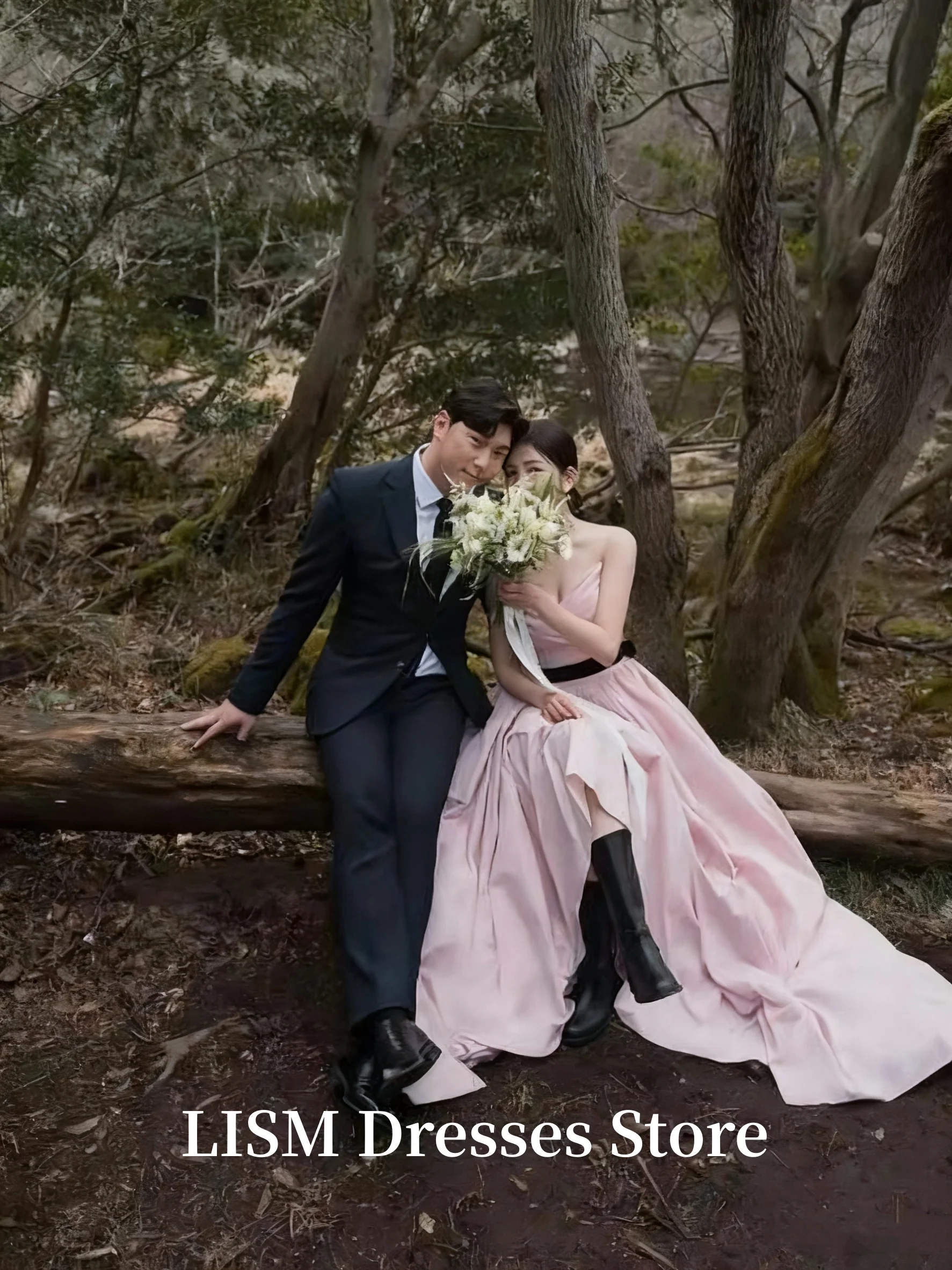 LISM Roze Koreaanse Avondjurken Spaghettibandjes Een Lijn Taft Bruids Zelf Trouwjurk Outdoor Fotoshoot Aangepaste Jurk