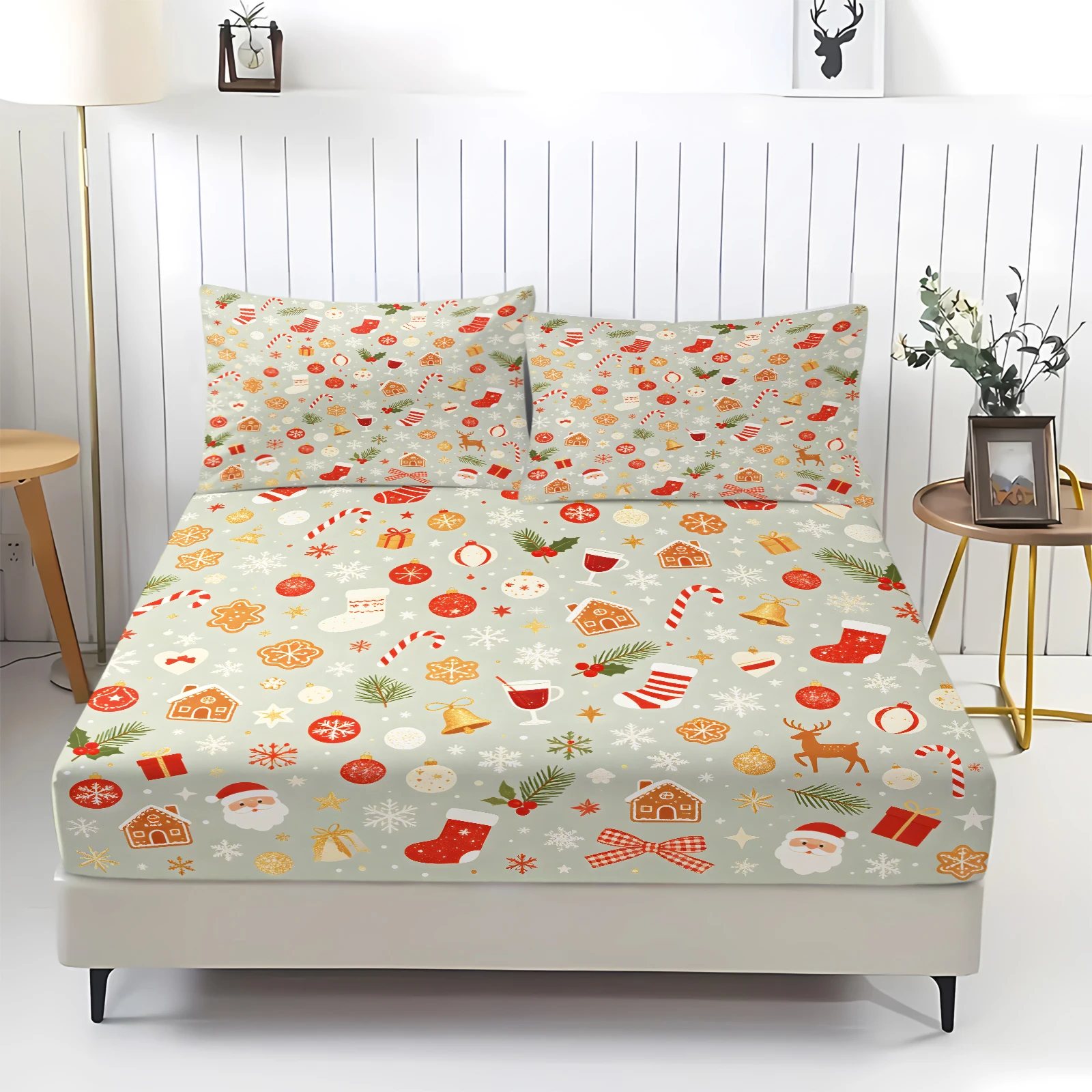 Light Sage Green Christmas Fitted Sheet Set Santa Gingerbread House Stocking Reindeer Snowflake Print Bed Sheet with Pillowcases