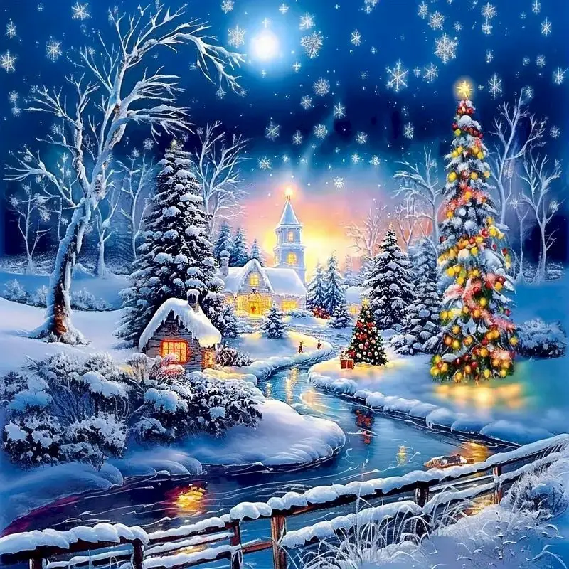 GATYZTORY Neuerscheinung Diamant-Stickerei Haus-Landschaft Mosaik Winter DIY Diamantmalerei Straßenbaum Weihnachtsgeschenk
