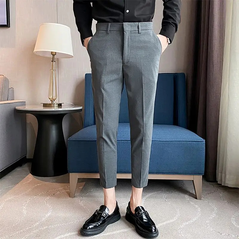 

2023 New Brand Ankle-Length Pants Men Stretch Business Suit Classic Solid Korea Straight Casual Formal Trousers Male Pants P146