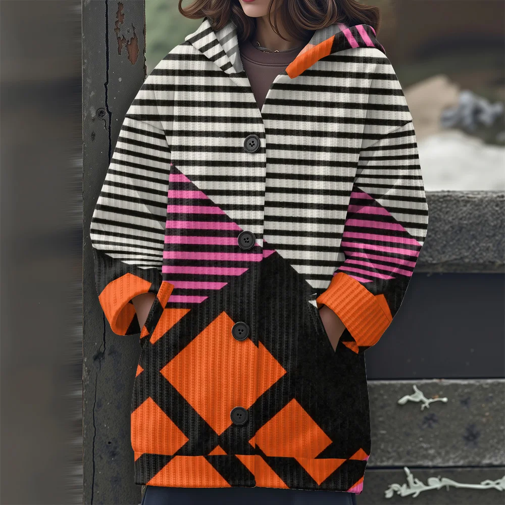 추상 기하학 캐주얼 여성용 스웨터 기하학적 줄무늬 긴팔 스웨터 불규칙한 라인 긴 스웨터