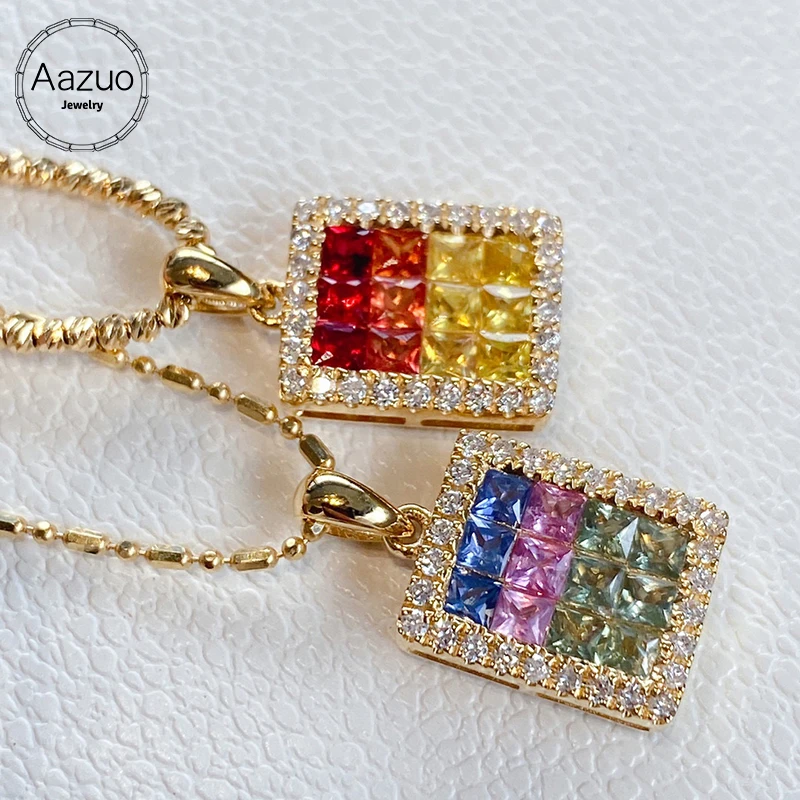 

Aazuo Luxury 18K Yellow Gold Real Diamonds Natural Colors Sapphire Square Shape Only Pendent Gifted for Women Au750 18 Inch