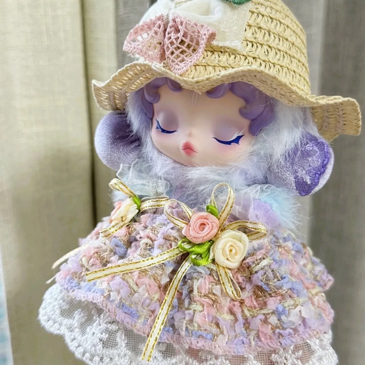 

For 17 cm Labubu/SkullPanda Clothes Lace Rose Puff Skirt with straw hat Dolls Accessories Labubu/SkullPanda Ropa