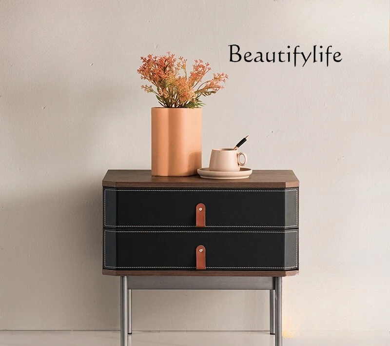 

Italian minimalist bedside table modern light luxury designer high-end bedroom walnut saddle bedside table