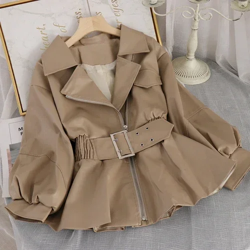 Fall Women Leather Short Jacket Turn-Down Collar Korean Style Fashion Faux Leather PU Coat with Belt Slim Outwear Full