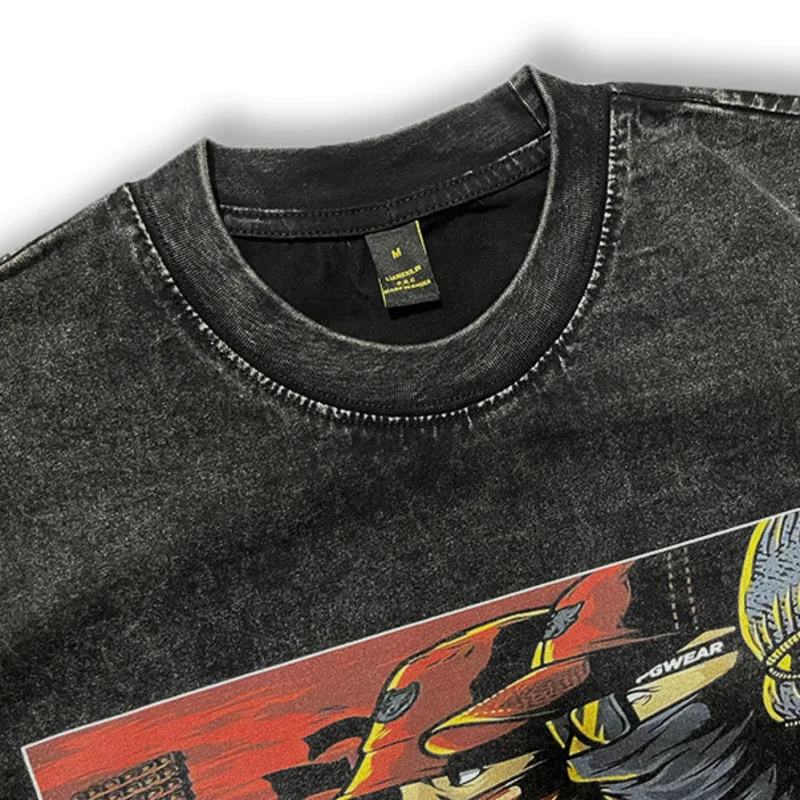 Camiseta de gran tamaño para hombre, ropa de calle estilo Hip Hop, con estampado de sombra de rayos negros lavados, Retro, Harajuku, de algodón, 2024