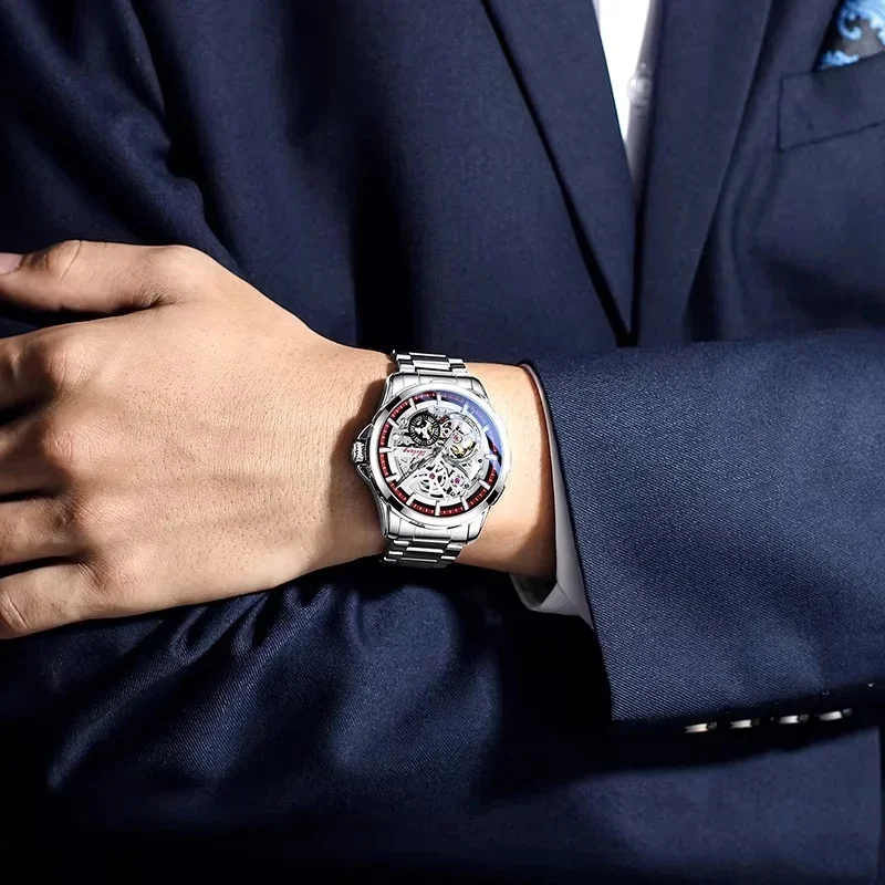 AILANG 8650 Men's Skeleton Dial Automatic Mechanical Watch Unique Large Design Stainless Steel Waterproof High-Quality Timepiece