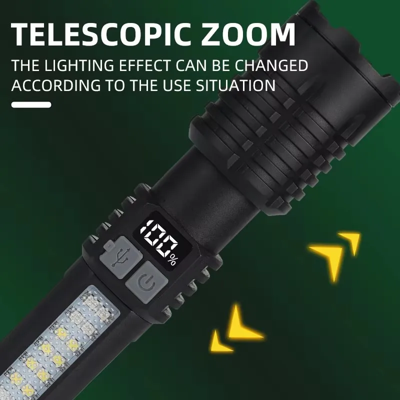 High Power LED Flashlight Powerful TYPE-C Rechargeable COB Flashlight With Side Light Torch For Outdoor Camping Hiking