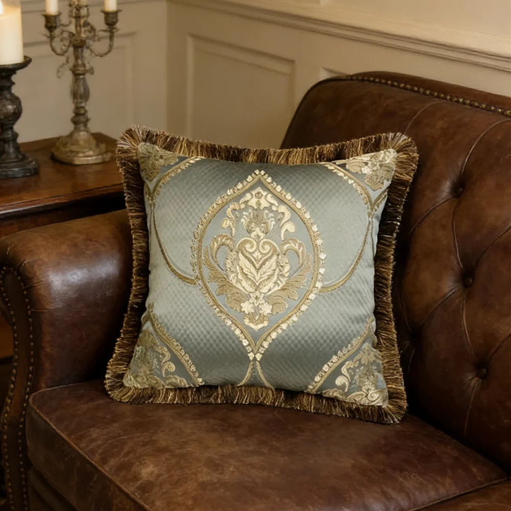 Luxurious American Locational Damask Gray Blue Sofa Chair Cushion Cover Woven Decorative Lumbar Pillow Case 45 x 45cm & 30x50cm