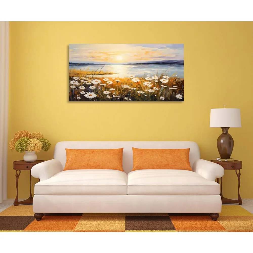 Canvas Painting Modern Abstract Sunset Lake Scenery Decorative Painting 1 piece Field White Daisies Poster Print Framed Ready to