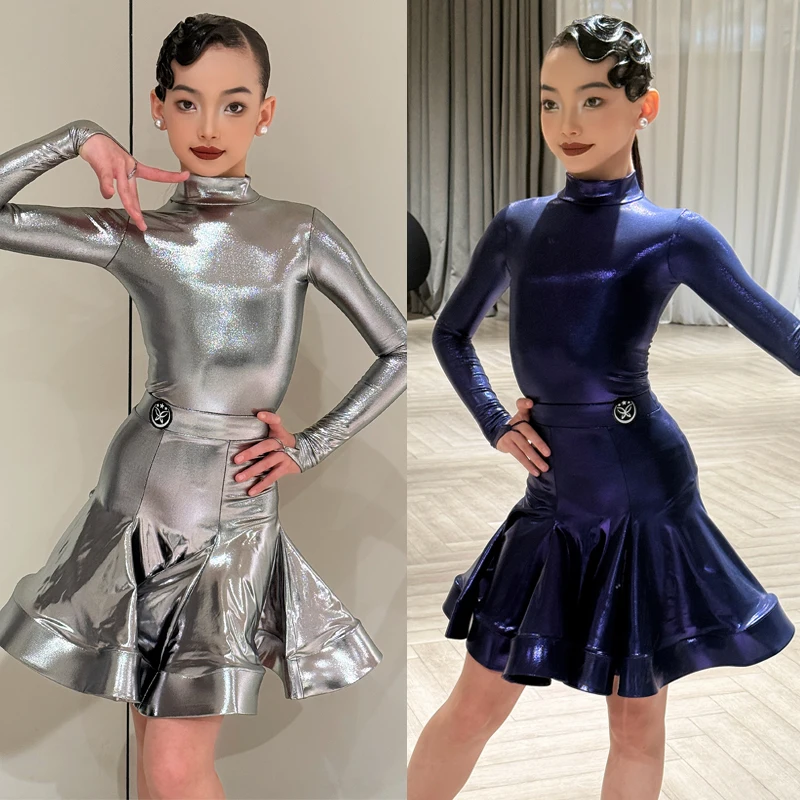 Kinder-Ballkleid nach Nationalstandard, glänzend, lange Ärmel, lateinamerikanische Tanzkleidung, lateinamerikanische Tanzkostüme für Mädchen, SL14513