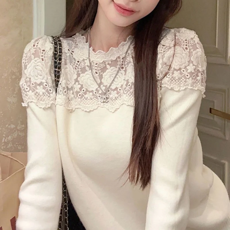 Spring Autumn New Round Neck Long Sleeve Fashion Sweater Women High Street Lace Patchwork Pullovers Vintage Elegant Chic Tops