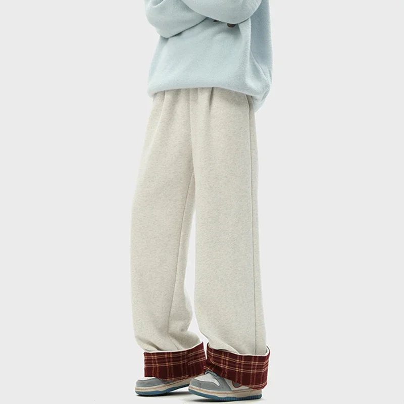 

Winter Plaid Hem Straight Wide-leg Pants For Men Casual Fleece Baggy Drape Trousers 2025 Korean Fashion Y2K Pantalones Hombre