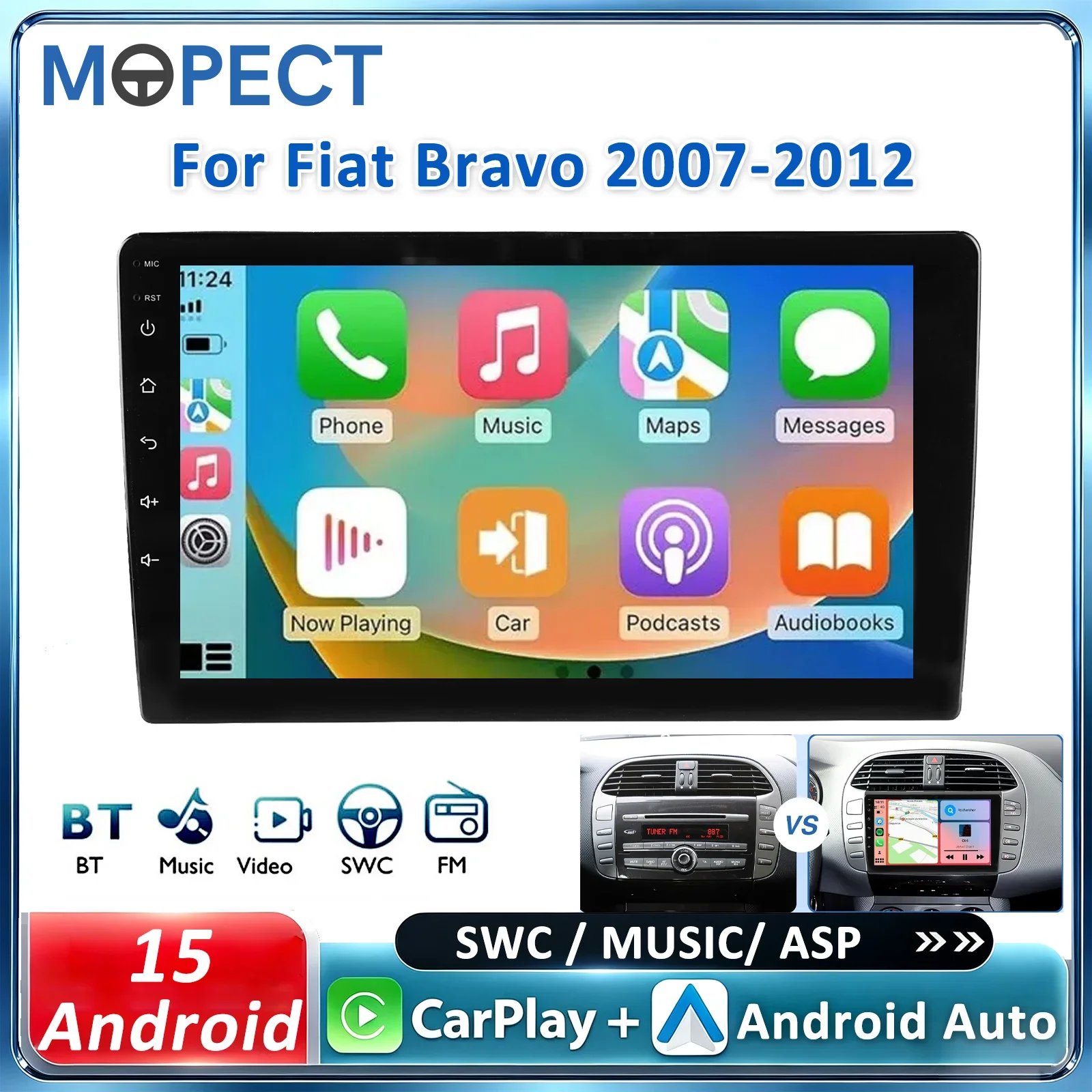 Autoradio MOPECT con Android Auto e CarPlay wireless per Fiat Bravo 2007-2012 4G+64G, radio, autoradio, WIFI, GPS, Mirrorlink, autoradio multimediale, lettore MP5, RDS, FM, SWC