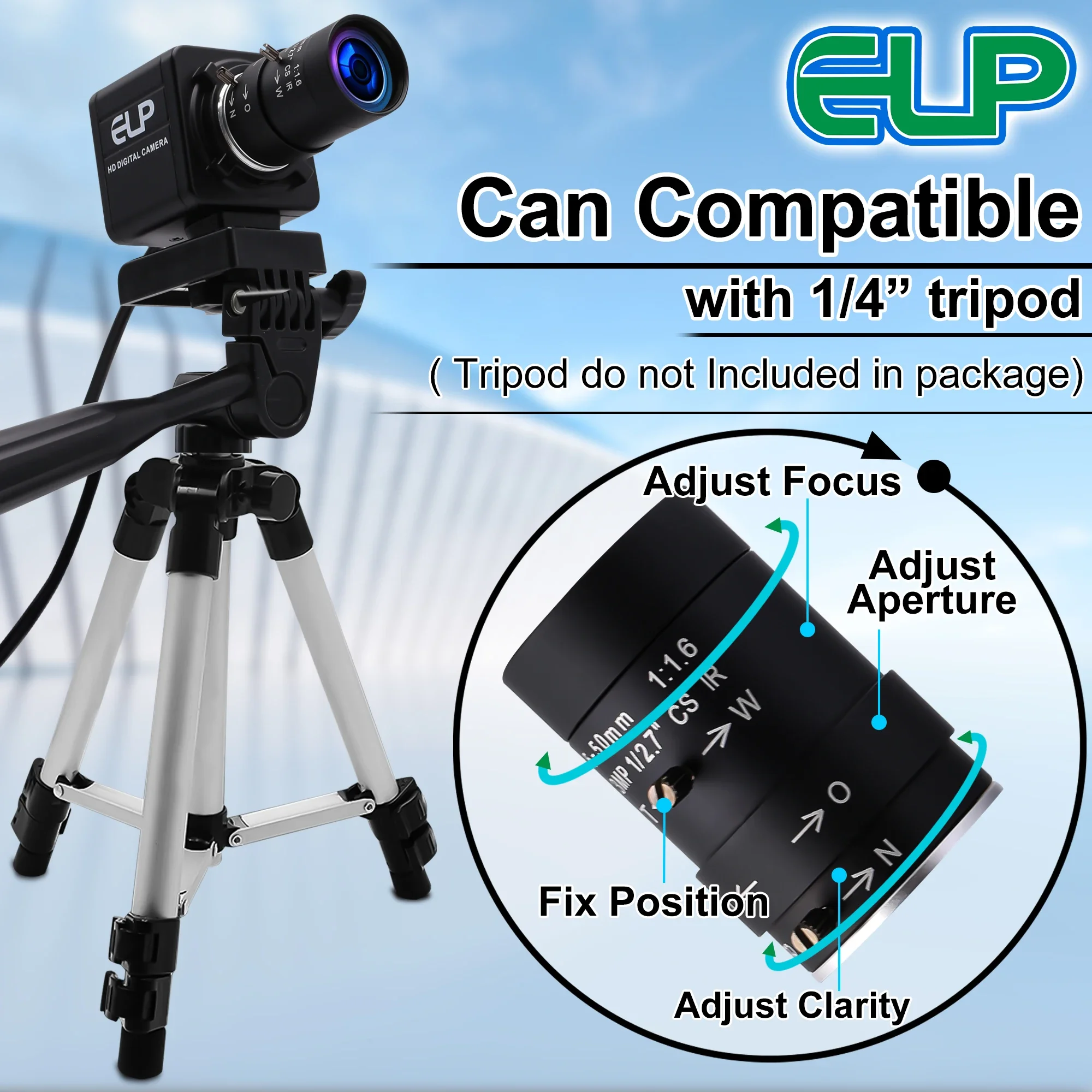 ELP 3MP WDR USB Webcam 10X Optical Zoom Webcam with 5-50mm Manual Zoom Varifocal Lens,Close Up USB Video Surveillance Camera