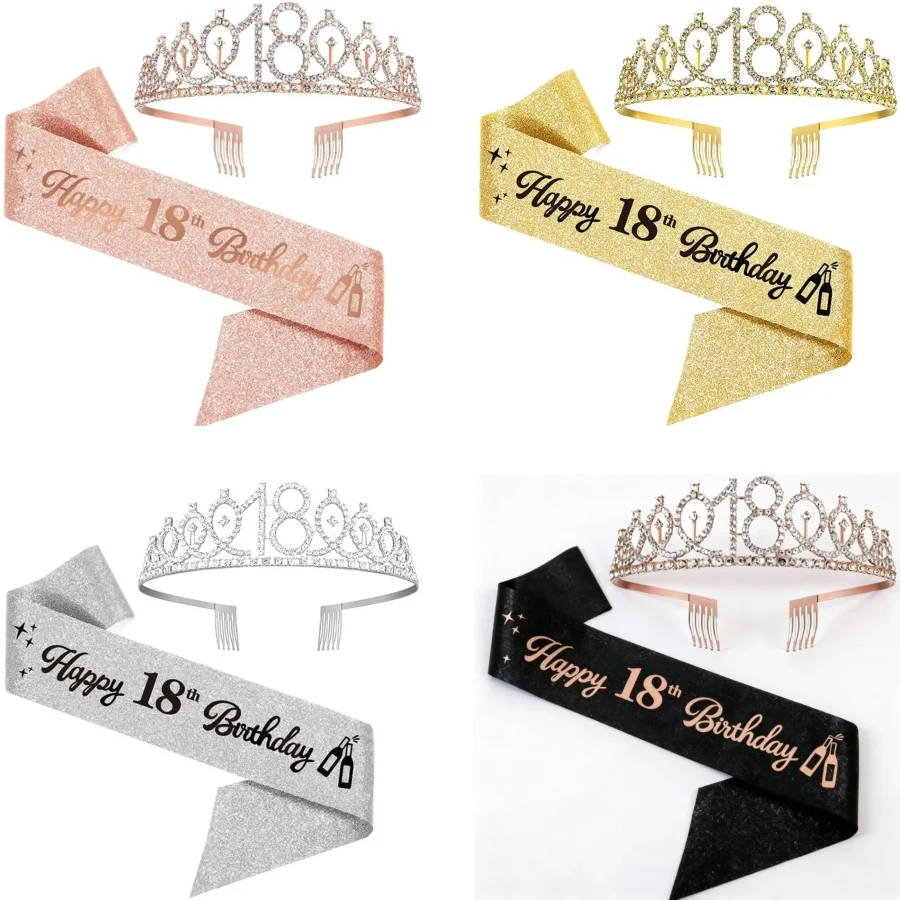 18th Birthday Crown and Sash Set - Happy 18th Birthday Sash, Tiara, Cake Topper, Decorations and Gift for Her