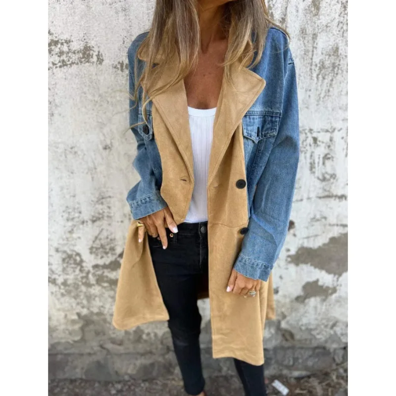 2025 Autumn and Winter New Fashion Suit Collar Denim Splicing Medium and Long Coat Women