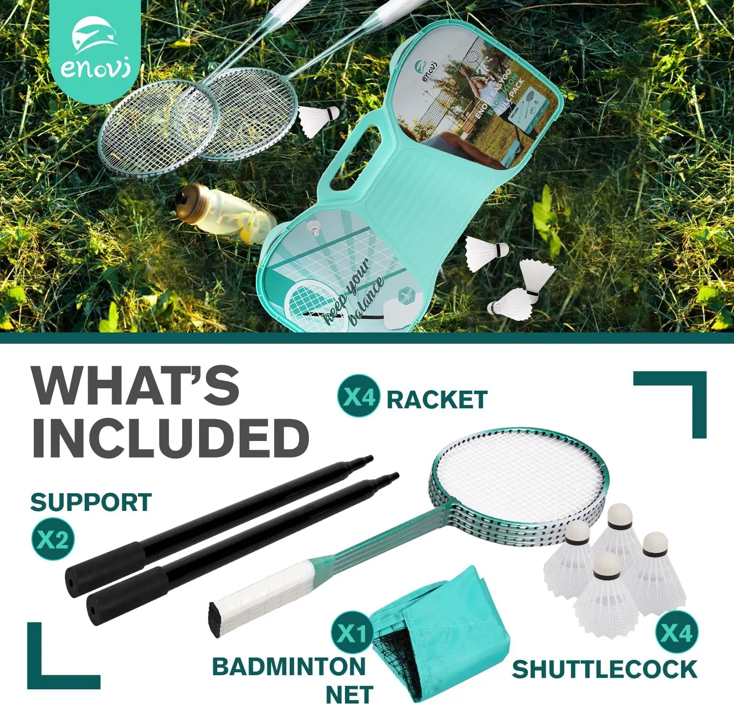 Portable Badminton Set with Net, 4 Rackets, Birdies & Storage Box for Outdoor Games
