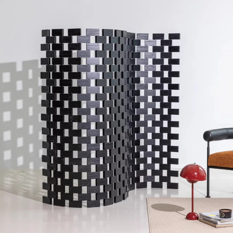 Original black building block screen solid wood retro style Japanese movable creative partition seat screen