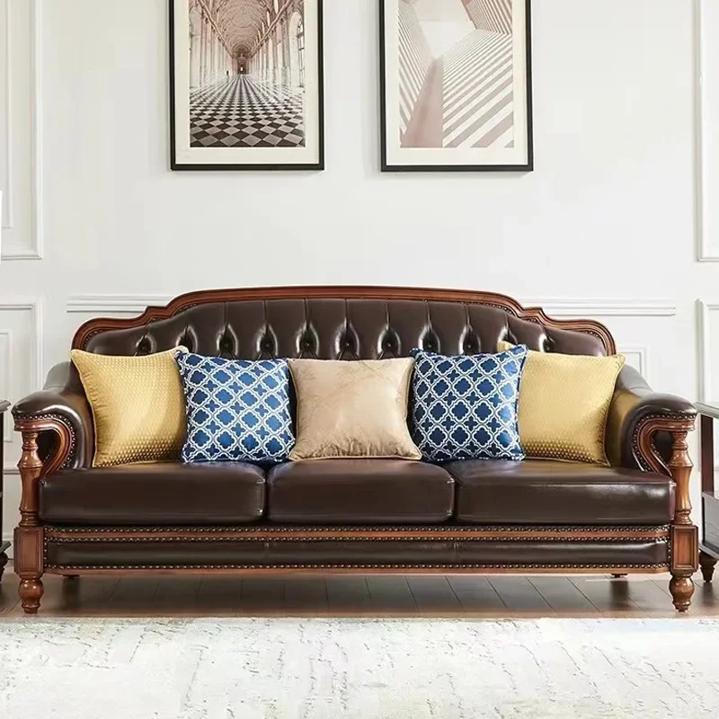 Solid wood leather sofa combination, simple European three-person four-person straight row in the living room