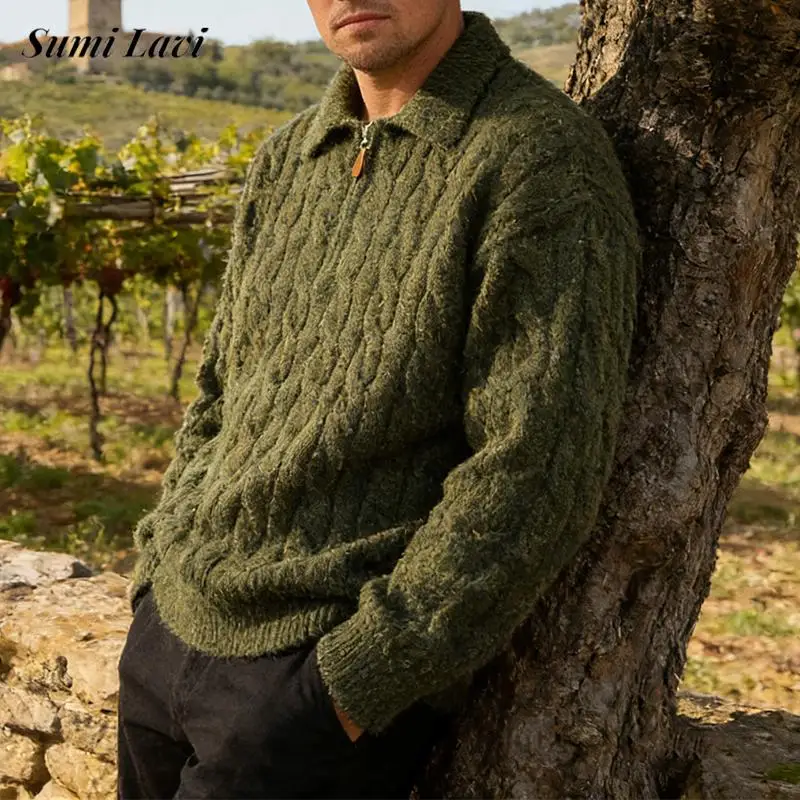 

Модная жаккардовая рубашка-поло, вязаная крючком, мужские вязаные свитера с длинными рукавами и лацканами на молнии, мужские зимние новые повседневные тонкие свитера-поло