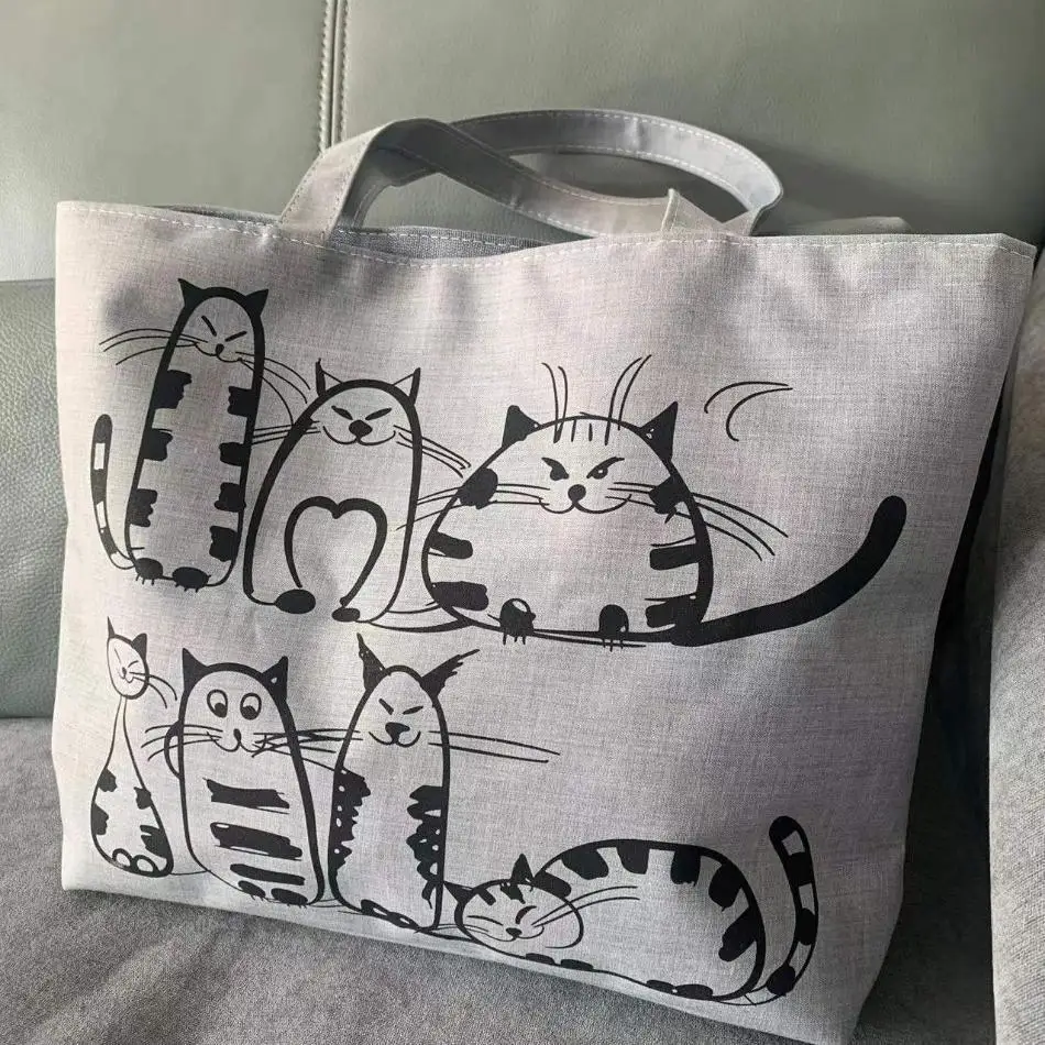 الكرتون القطط المطبوعة الشاطئ سستة حقيبة جديدة عصرية موضة واسعة حزام الكتف الرجعية المرأة موضة قماش حمل حقائب التسوق