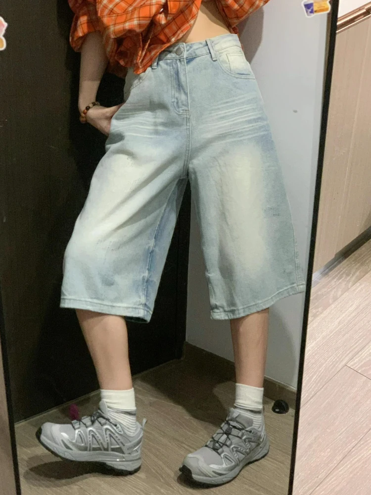 กางเกงยีนส์ทรงขากว้างเอวสูงสไตล์เรโทรอเมริกันสำหรับผู้หญิง ฤดูร้อน ความยาวเจ็ดส่วนห้า ความยาวหกส่วนห้า ทรงหลวมสบาย สีน้ำเงิน