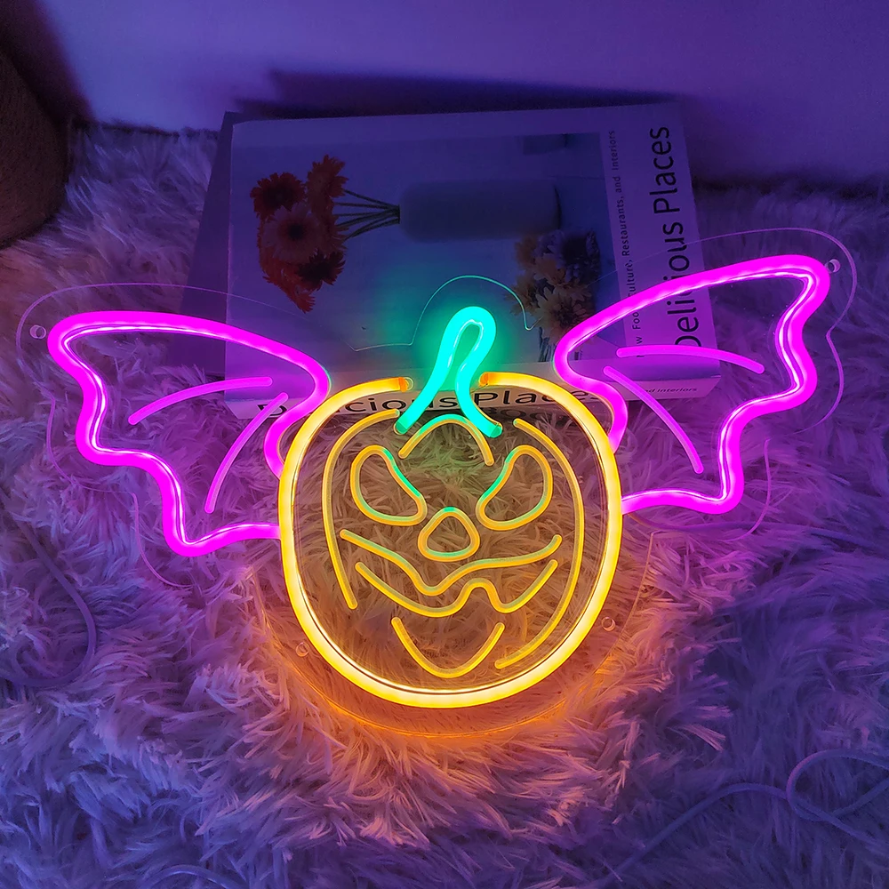 Halloween Pumpkin Neon Sign Bat LED Neon Lights for Wall Decor USB Powered Neon Lights for Bedroom Gifts Christmas Decorations