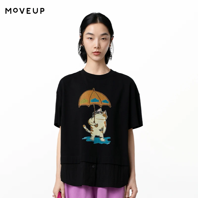 

MOVEUP Casual Short Sleeves Round Neck T-Shirt 2026 Summer New Cartoon Cat Print False Two Piece Loose Top For Women 325210523