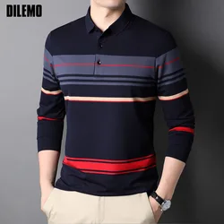 Top Grade New Fashion Designer Brand Simple Trendy Mens Polo Shirt With Long Sleave Stripped Casual Tops Men Clothes